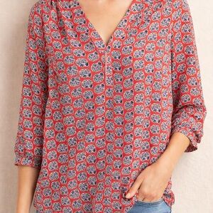 Rebecca Taylor Silk Blouse Coral Blue Floral V Neck Boho 3/4 Sleeve Top Size 0